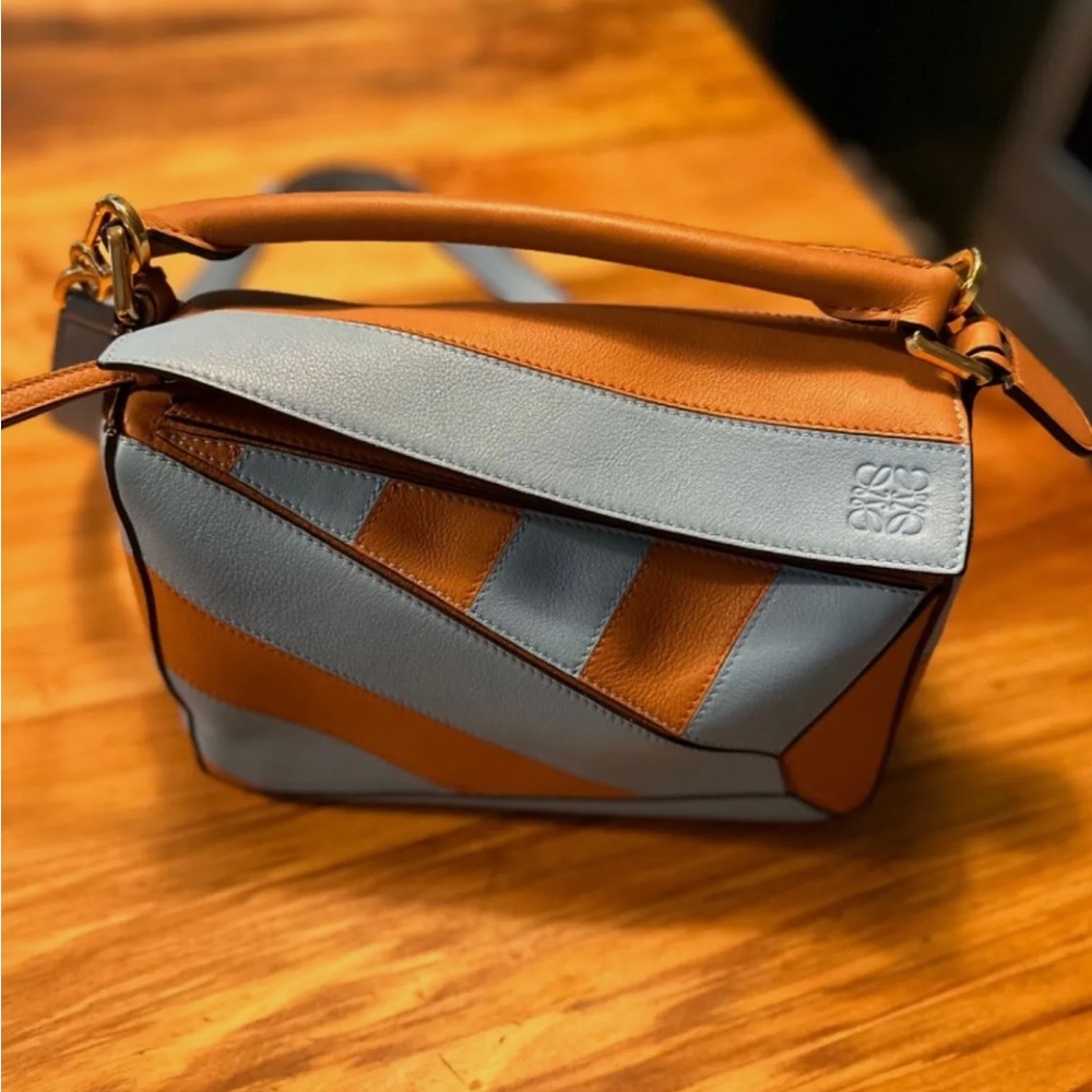 LOEWE Puzzle Small Shoulder Bag in Light Blue and Tan